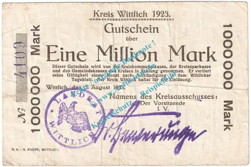 Wittlich , Notgeld 1 Million Mark Schein in gbr. Keller 5682.c , Rheinland 1923 Grossnotgeld Inflation