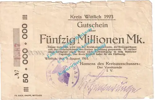 Wittlich , Notgeld 50 Millionen Mark Schein in S-gbr. Keller 5682.c , Rheinland 1923 Grossnotgeld Inflation