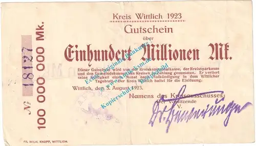 Wittlich , Notgeld 100 Millionen Mark Schein in gbr. Keller 5682.f , Rheinland 1923 Grossnotgeld Inflation