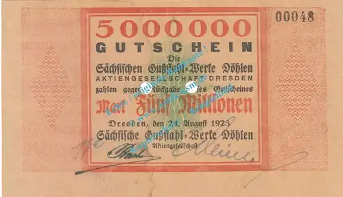 Dresden , Notgeld 5 Millionen Mark Schein in gbr. Bühn 1204.13 , Sachsen 1923 Grossnotgeld Inflation