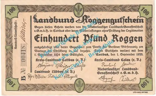 Cottbus , Notgeld 100 Pfund Roggen Schein in kfr. Müller 0755.8.a , Brandenburg 1923 Wertbeständig