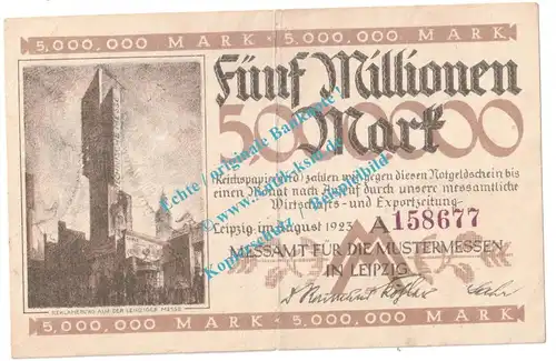 Leipzig , Notgeld 5 Millionen Mark Schein in gbr. Keller 3083... Sachsen 1923 Grossnotgeld Inflation