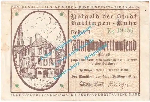 Hattingen , Notgeld 500.000 Mark Schein in gbr. Keller 2265.a , Westfalen 1923 Grossnotgeld Inflation