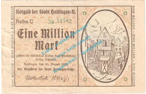 Hattingen , Notgeld 1 Million Mark Schein in gbr. Keller 2265.a , Westfalen 1923 Grossnotgeld Inflation