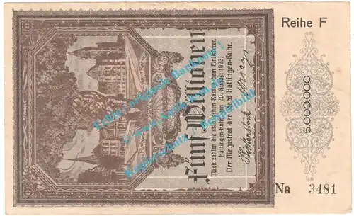 Hattingen , Notgeld 5 Millionen Mark Schein in gbr. Keller 2265.b , Westfalen 1923 Grossnotgeld Inflation