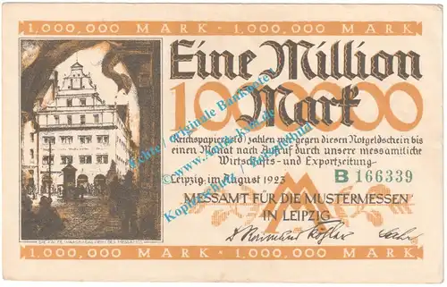 Leipzig , Notgeld 1 Million Mark Schein in kfr. Keller 3083.b Sachsen 1923 Grossnotgeld Inflation