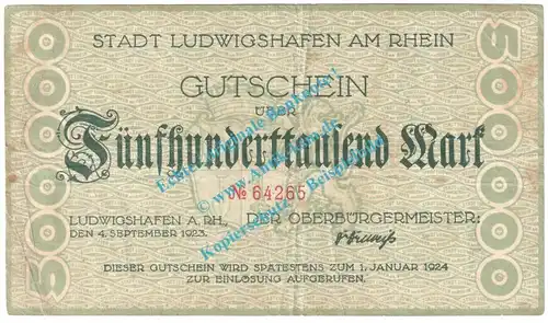 Ludwigshafen , Notgeld 500.000 Mark Schein in gbr. Keller 3328.d , Pfalz 1923 Grossnotgeld Inflation