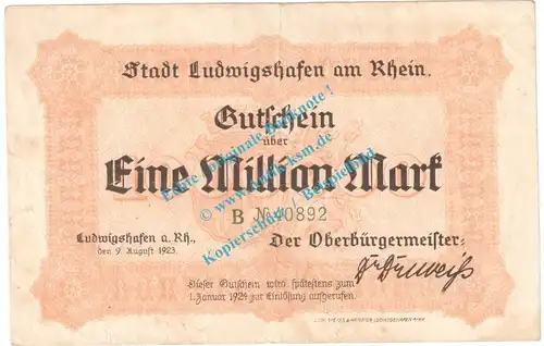Ludwigshafen , Notgeld 1 Million Mark Schein in gbr. Keller 3328.a , Pfalz 1923 Grossnotgeld Inflation