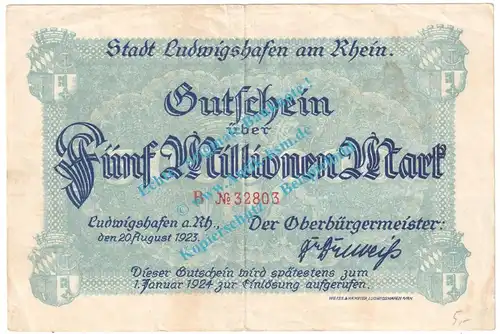 Ludwigshafen , Notgeld 5 Millionen Mark Schein in gbr. Keller 3328.b , Pfalz 1923 Grossnotgeld Inflation