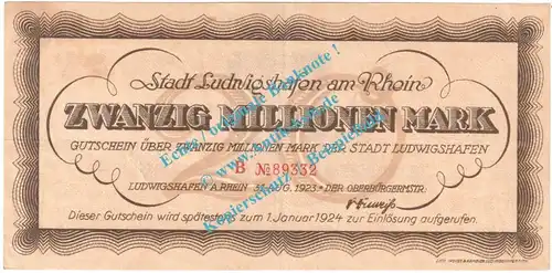 Ludwigshafen , Notgeld 20 Millionen Mark Schein in gbr. Keller 3328.c , Pfalz 1923 Grossnotgeld Inflation