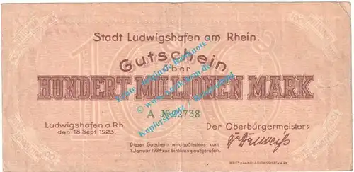 Ludwigshafen , Notgeld 100 Millionen Mark Schein in gbr. Keller 3328.e , Pfalz 1923 Grossnotgeld Inflation