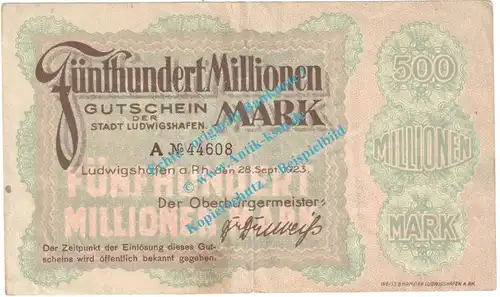 Ludwigshafen , Notgeld 500 Millionen Mark Schein in gbr. Keller 3328.f , Pfalz 1923 Grossnotgeld Inflation
