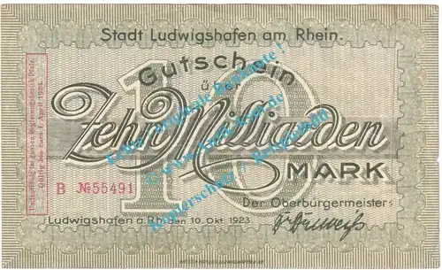 Ludwigshafen , Notgeld 10 Milliarden Mark Schein in gbr. Keller 3328.g , Pfalz 1923 Grossnotgeld Inflation
