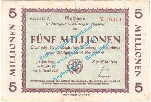 Altenberg , Notgeld 5 Millionen Mark Schein in gbr. Bühn 0040.31 , Sachsen 1923 Grossnotgeld Inflation