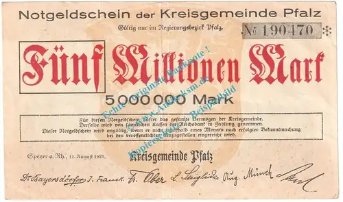 Speyer , Notgeld 5 Millionen Mark Schein in gbr. Keller 4286.b , Pfalz 1923 Grossnotgeld Inflation