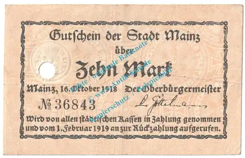 Mainz , Notgeld 10 Mark Schein in gbr. Geiger 341.03-04 Hessen 1918 Grossnotgeld