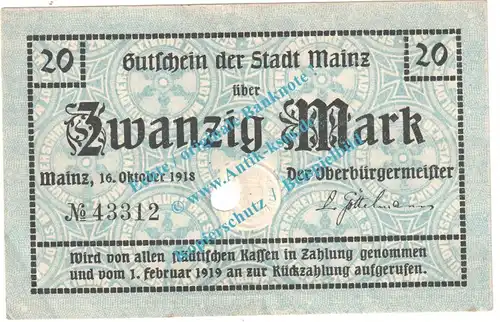 Mainz , Notgeld 20 Mark Schein in gbr. Geiger 341.05-06 Hessen 1918 Grossnotgeld