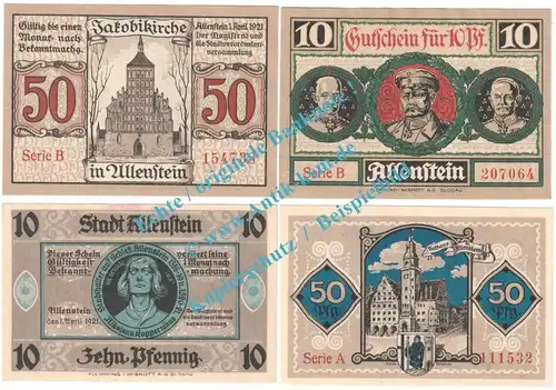 Allenstein , Notgeld 2 Sets mit 4 Scheinen in kfr. M-G 13.1-2 , Ostpreussen 1921 Seriennotgeld