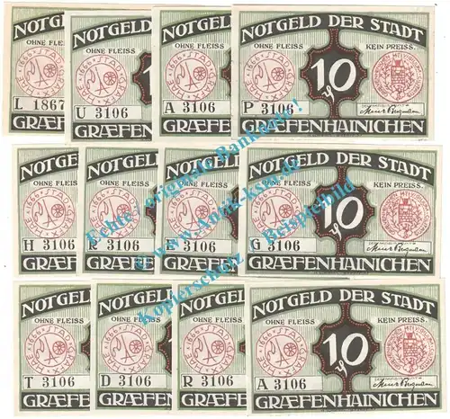 Gräfenhainichen , Notgeld 12 x 10 Pfennig -Sprüche- in kfr. M-G 461.3 , Sachsen Anhalt o.D. Seriennotgeld
