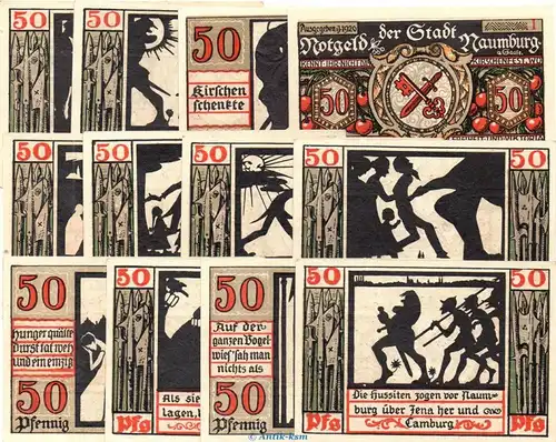 Notgeld Stadt Naumburg 928.4.a , Set mit 12 Kirschenfest Scheinen in kfr. von 1920 , Sachsen Anhalt Seriennotgeld