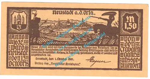 Neustadt a.d.O. Notgeld 1,50 Mark Schein in kfr. M-G 964.2 , Thüringen 1921 Seriennotgeld
