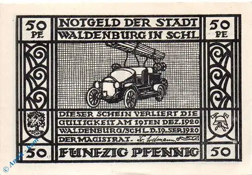 Notgeld Waldenburg , 50 Pfennig Schein , Pap. glatt , Mehl Grabowski 1371.1 b , von 1920 , Schlesien Serien Notgeld