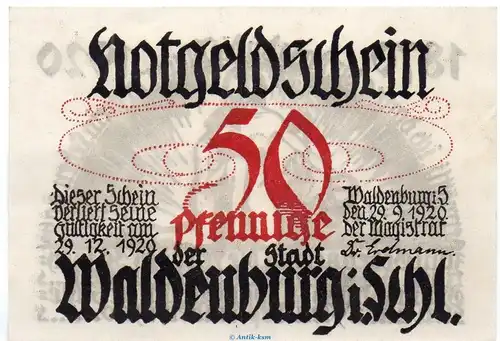 Waldenburg , Notgeld 50 Pfennig Schein in kfr. M-G 1371.6.b , Schlesien 1920 Seriennotgeld