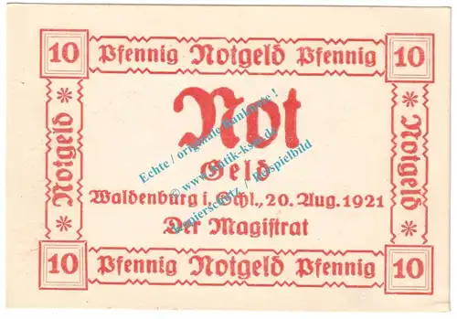 Waldenburg , Notgeld 10 Pfennig Schein -weiss- in kfr. M-G 1371.16.a , Schlesien 1921 Seriennotgeld