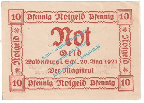 Waldenburg , Notgeld 10 Pfennig Schein -grau- in kfr. M-G 1371.16.b , Schlesien 1921 Seriennotgeld