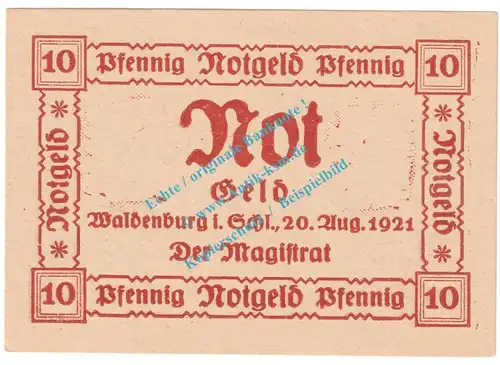Waldenburg , Notgeld 10 Pfennig Schein -sämisch- in kfr. M-G 1371.16.c , Schlesien 1921 Seriennotgeld