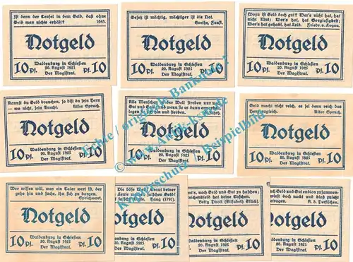 Waldenburg , Notgeld Set mit 10 Scheinen -gelblich- in kfr. M-G 1371.22 , Schlesien 1921 Seriennotgeld
