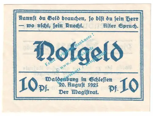 Waldenburg , Notgeld 10 Pfennig Schein Nr.6 in kfr. M-G 1371.19 , Schlesien 1921 Seriennotgeld