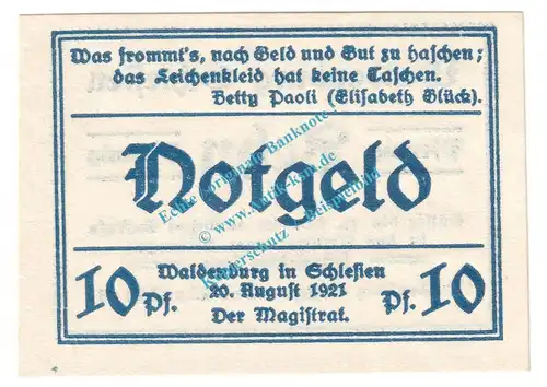 Waldenburg , Notgeld 10 Pfennig Schein Nr.8 in kfr. M-G 1371.19 , Schlesien 1921 Seriennotgeld