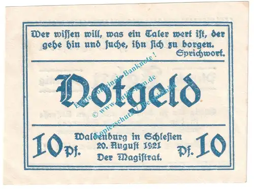 Waldenburg , Notgeld 10 Pfennig Schein Nr.10 in kfr. M-G 1371.19 , Schlesien 1921 Seriennotgeld