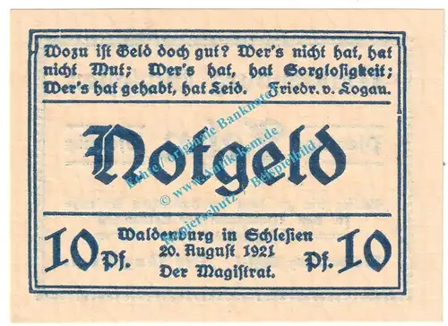 Waldenburg , Notgeld 10 Pfennig Nr.1 -gelblich- in kfr. M-G 1371.22 , Schlesien 1921 Seriennotgeld