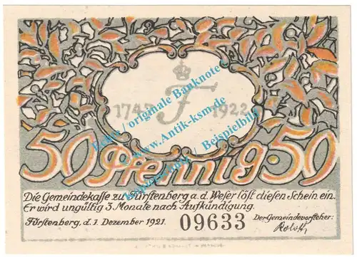Fürstenberg a.d.W , Notgeld 50 Pfennig Schein in kfr. M-G 401.1 , Niedersachsen 1921 Seriennotgeld
