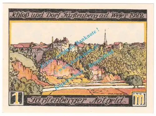 Fürstenberg a.d.W , Notgeld 1 Mark Schein in kfr. M-G 401.1 , Niedersachsen 1921 Seriennotgeld