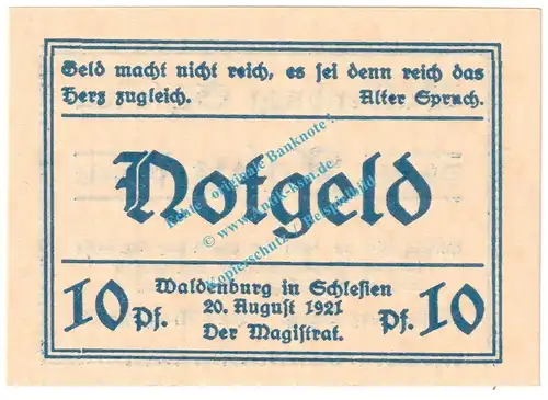 Waldenburg , Notgeld 10 Pfennig Nr.4 -gelblich- in kfr. M-G 1371.22 , Schlesien 1921 Seriennotgeld