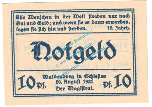 Waldenburg , Notgeld 10 Pfennig Nr.5 -gelblich- in kfr. M-G 1371.22 , Schlesien 1921 Seriennotgeld
