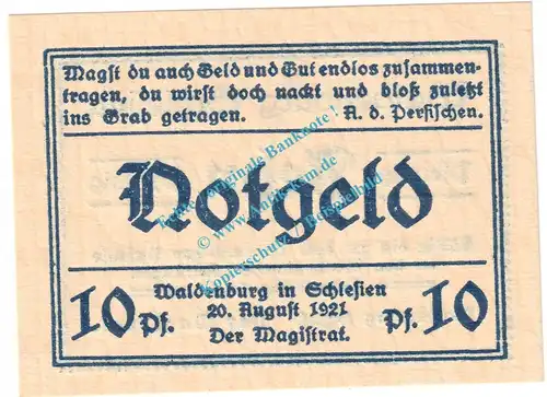 Waldenburg , Notgeld 10 Pfennig Nr.7 -gelblich- in kfr. M-G 1371.22 , Schlesien 1921 Seriennotgeld