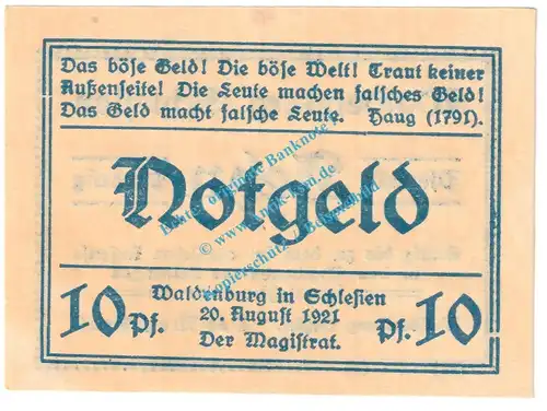 Waldenburg , Notgeld 10 Pfennig Nr.9 -gelblich- in kfr. M-G 1371.22 , Schlesien 1921 Seriennotgeld