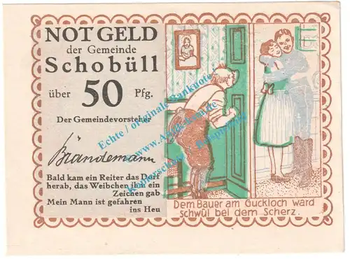 Schobüll , Notgeld 50 Pfennig Nr.3 -Textfehler- in kfr. M-G 1194.3 , Schleswig Holstein o.D. Seriennotgeld