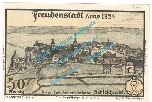 Freudenstadt , Notgeld 50 Pfennig Schein in kfr. M-G 388.2-3 , Württemberg 1921 Seriennotgeld