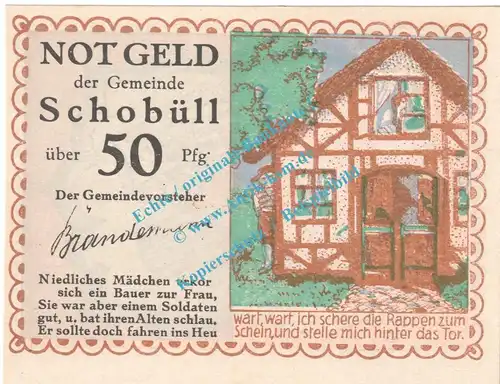 Schobüll , Notgeld 50 Pfennig Nr.1 -Textfehler- in kfr. M-G 1194.3 , Schleswig Holstein o.D. Seriennotgeld
