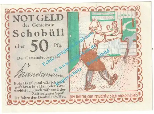 Schobüll , Notgeld 50 Pfennig Nr.6 -Textfehler- in kfr. M-G 1194.3 , Schleswig Holstein o.D. Seriennotgeld