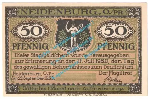 Neidenburg , Notgeld 50 Pfennig Musterschein in kfr. M-G 932.1.b , Ostpreussen 1920 Seriennotgeld