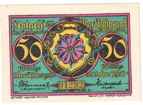 Marktschorgast , Notgeld 50 Pfennig Schein Nr.1 in kfr. M-G 871.3.a , Bayern 1921 Seriennotgeld