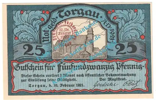 Torgau , Notgeld 25 Pfennig -Dachdecker Verbandstag- in kfr. M-G 1331.3.b , Sachsen 1921 Seriennotgeld