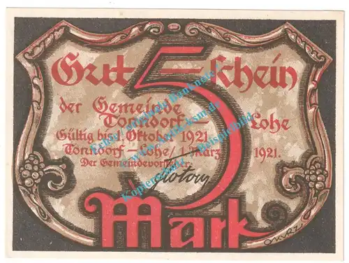 Tonndorf , Notgeld 5 Mark Schein in kfr. M-G 1330.3 , Schleswig 1921 Seriennotgeld