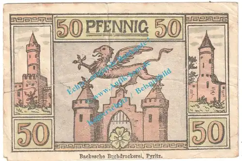 Pyritz , Notgeld 50 Pfennig Schein in gbr. M-G 1083.1.b , Pommern 1921 Seriennotgeld